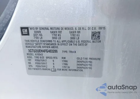 2015 GMC Sierra 1500 Sle из США, поврежденный, VIN 3GTU2UEH4FG483286